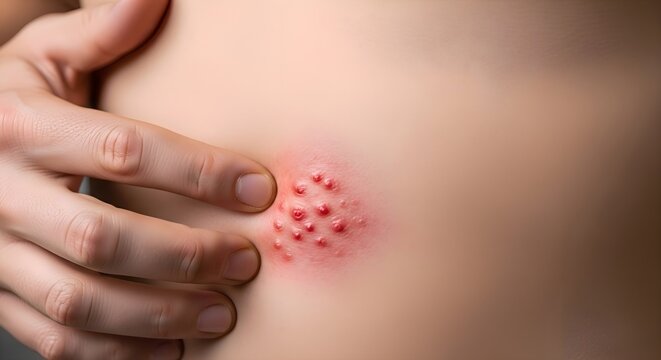 Shingles Skin Infection: Close up of painful red rash and blisters on human body with finger pointing, herpes zoster virus, dermatological disease, healthcare and skin treatment concept