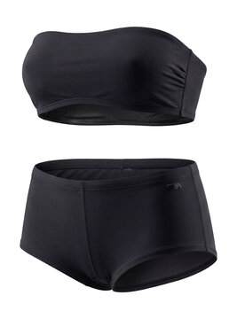 Two-piece athletic swimsuit in black with a bandeau top and boyshort bottoms