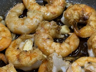Garlic Fried Shrimp in Pan, Appetizing Seafood Dish Close Up