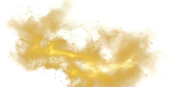 A dynamic burst of golden dust particles or abstract powder cloud on a white background.