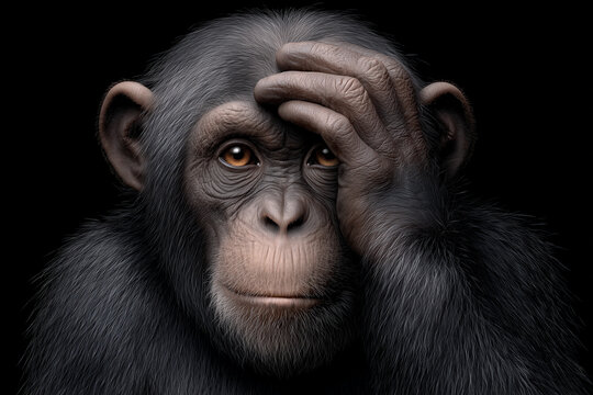 A monkey covering one eye with his hand on black background.	
