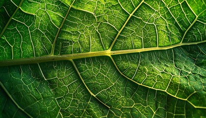 Close-up of a vibrant green leaf, showcasing intricate veins and textures under natural light. Details reveal beauty in nature