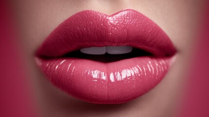 Fototapeta premium Close-Up of Glossy Pink Lips against a Soft Pink Background Capturing a Sensual and Elegant Beauty Aesthetic for Fashion and Cosmetic Purposes