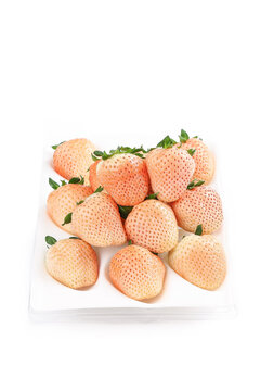 Snow White Strawberries Fresh Pink Berries on White Plate Clean Background Sweet Fruit Photography