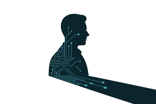A silhouette of a man s head filled with glowing digital circuitry