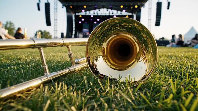 Golden trombone on grass at outdoor music festival stage