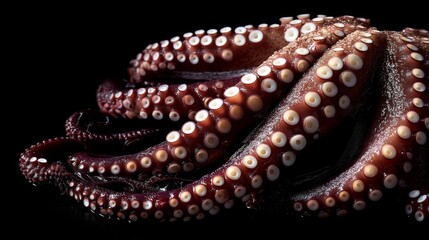 Close-up View of an Octopus on Black Background Showcasing Textured Tentacles and Unique Suckers Evoking Underwater Beauty and Marine Life Mystery