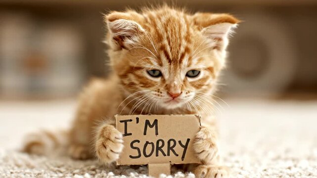 Adorable ginger kitten with a sad expression holding an i'm sorry sign. Cute guilty pet apologizing for bad behavior or making a mistake. Humorous animal concept for forgiveness