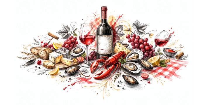 Artistic Gourmet Seafood Platter with Lobster Mussels Cheese and Red Wine Bottles in Sketch Style