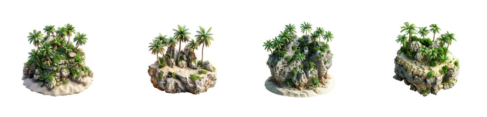 Fototapeta premium Miniature Tropical Island Rock Formations with Lush Greenery and Palm Trees Isolated on White isolated on transparent background