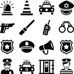 Vector police icon set featuring patrol cars, handcuffs, officer badges, sirens, law enforcement equipment, and security symbols in black minimalist solid style for branding. © Mahmud's World
