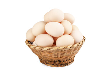 Fresh Farm Eggs with Whites and Yolks in Wicker Basket on White Background
