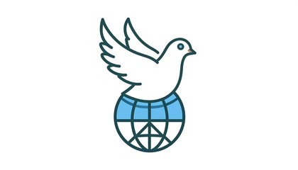 A linear illustration showcases a dove with outstretched wings perched atop a globe. The image features a clean, simple design