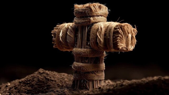 Woven cross memorial made from natural dried materials stands on soil in a dark setting with focus on religious significance
