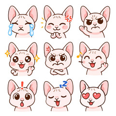 Fototapeta premium A set of cute anime cats illustrations doing different activities with different expressions.Stickers or badges. Sphynx