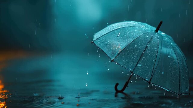 Transparent umbrella stands in rain with water droplets on clear surface during a rainy day in a city street scene