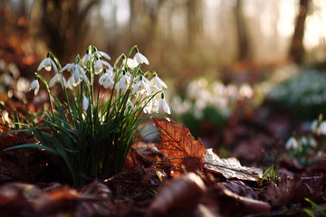 Easter spring concept with blooming snowdrops in forest and warm sunlight