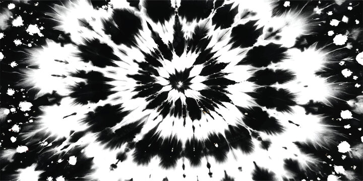 A hypnotic black and white spiral pattern with a tie-dye aesthetic and explosive radial symmetry.