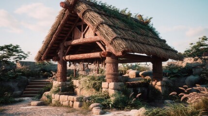 Quaint Rustic Shelter Surrounded by Lush Greenery, Featuring Natural Materials and a Tranquil Atmosphere Ideal for Nature-themed Visuals and Artworks