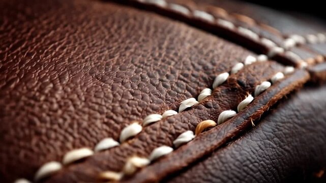 Close up view of brown leather with white stitching detail showing texture and craftsmanship from a handmade product