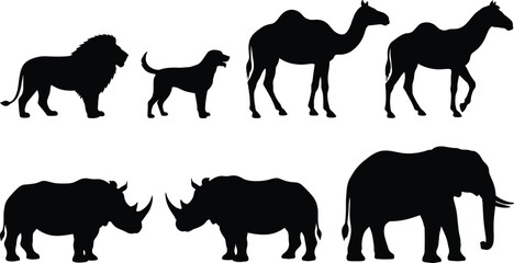 Animal silhouettes illustration, wildlife lion dog camel rhinoceros elephant profile design, vector artwork, nature and education theme, isolated background ©  BAKKOR
