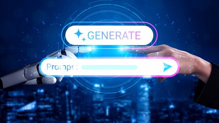 Obraz na płótnie Canvas Human and Robot Interaction with Generate Button and Light Effect for Concept of Artificial Intelligence and Technology Advancements in Modern Society Gluon.