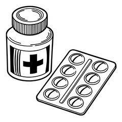 A minimalist black-and-white line drawing featuring a medical bottle and a blister pack of pills.