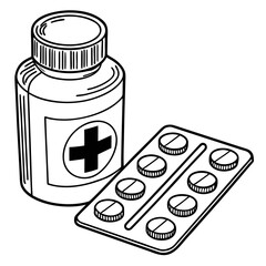 A medicine bottle with a cross symbol on its label, alongside a blister pack containing ten round pills arranged neatly in two rows. It visually represents common pharmaceutical packaging.