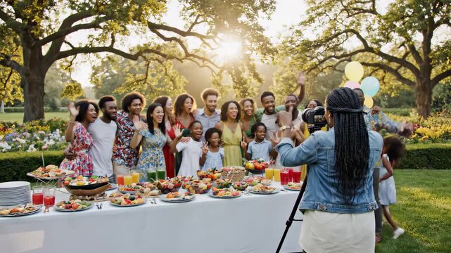 Black photographer documenting a large multigenerational african american family reunion during an outdoor garden party with food and fun activities on a sunny summer day