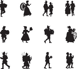 Black Silhouettes of Traditional Folk People and Musicians