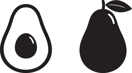 Avocado Icons Set Whole and Half Fruit Silhouettes