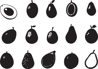Avocado Icons Set Whole and Half Fruit Silhouettes