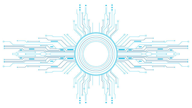 Abstract digital circuit board pattern with glowing blue lines and circular center transparent background
