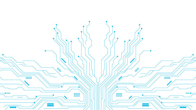 Abstract futuristic circuit board pattern with blue lines and dots on a black background transparent background