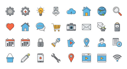 Collection of modern flat design icons for web and mobile applications.