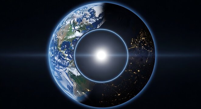 Earth from space with sun's rays and core visible