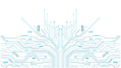 Intricate blue glowing digital circuit board pattern on a black background representing technology...