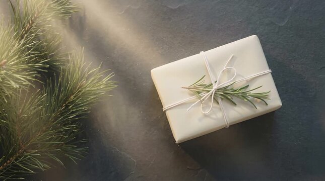 Elegant White Gift Box With Twine And Rosemary Sprig On Dark Gray Textured Surface Next To Pine Branch Illuminated By Sunlight
