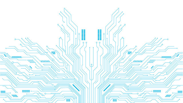 Intricate blue digital circuit board pattern resembling abstract wings against a dark backdrop transparent background
