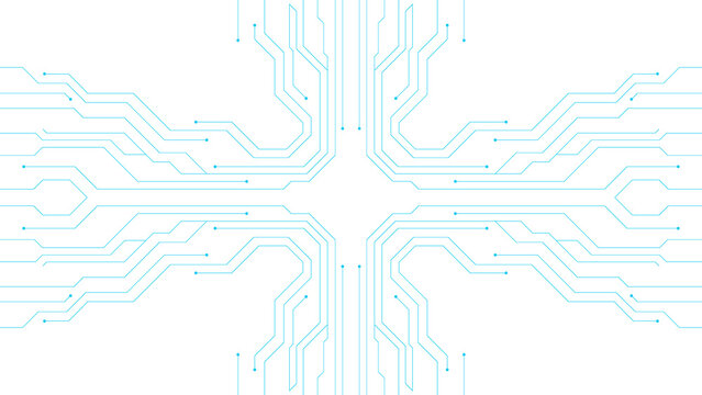 Intricate glowing blue circuit board pattern with connecting lines and dots on a black background transparent background