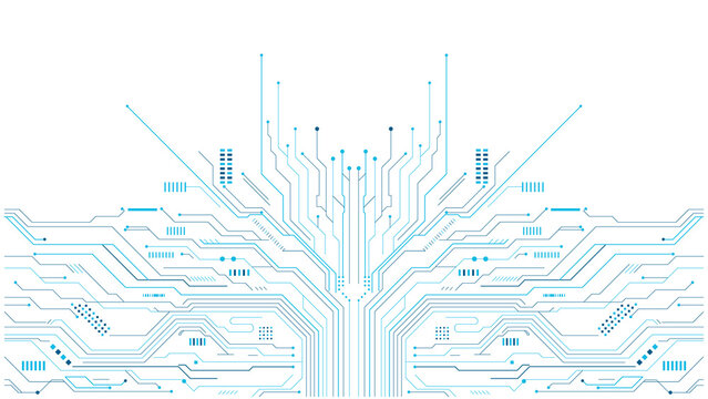 Intricate blue glowing digital circuit board pattern on a black background representing technology and data flow transparent background
