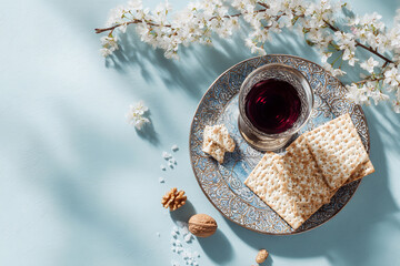 Passover  with matzo, red wine and spring blossoms on blue background. Flat lay, copy space