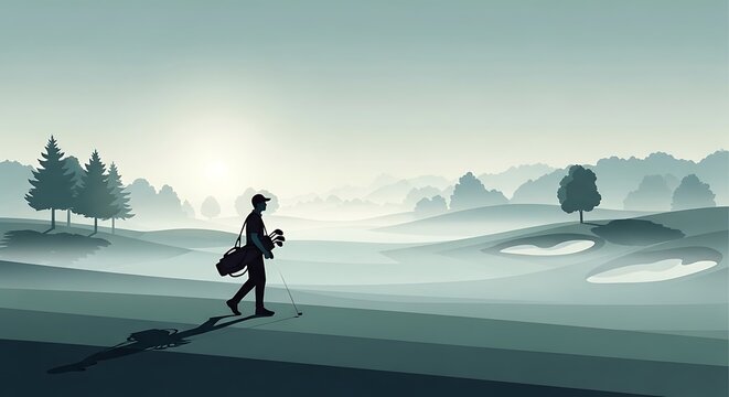 A golfer walks across a misty golf course carrying a bag, with trees and hills in the background.