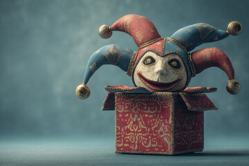April Fools Day concept with colorful jack in the box and jester hat surprise