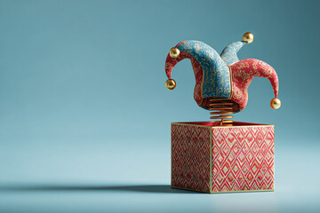 April Fools Day concept with colorful jack in the box and jester hat surprise