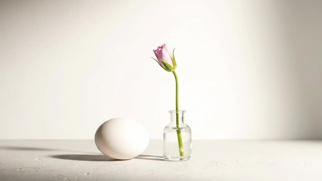Conceptual time lapse of a single flower blooming from bud to blossom next to an egg. Minimalist still life representing growth, new life, and the passage of time