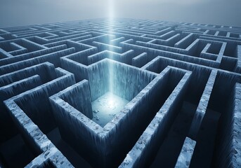 Icy Concrete Maze with Glowing Center Beckons towards an Exit