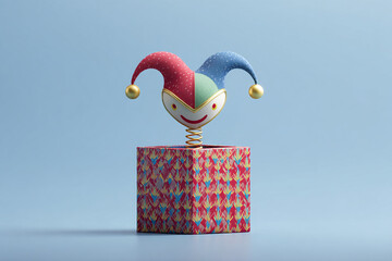 April Fools Day concept with colorful jack in the box and jester hat surprise