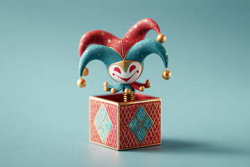 April Fools Day concept with colorful jack in the box and jester hat surprise
