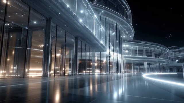 Modern wireframe architecture simulation showing a futuristic design in a dark space with illuminated surfaces and structures